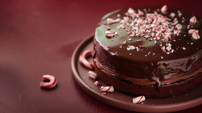 chocolate peppermint cake with crushed candy cane on a deep maroon background, festive and inviting for text