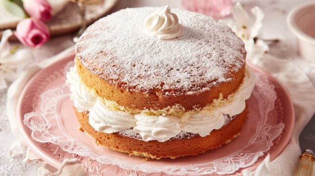 classic English Victoria sponge cake on a delicate powder pink background, inviting and perfect for elegant text