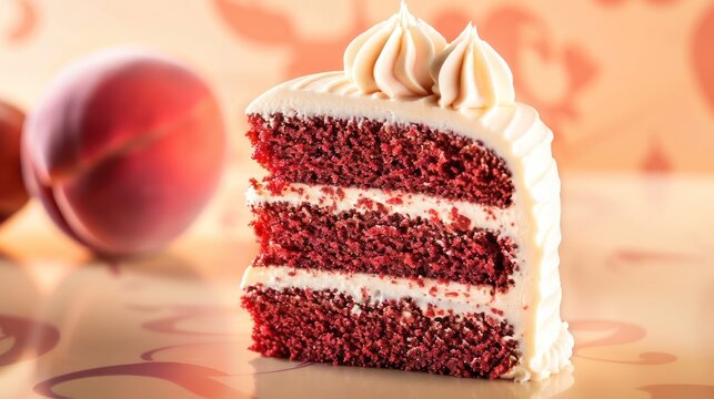 classic red velvet cake with cream cheese frosting on a soft peach background
