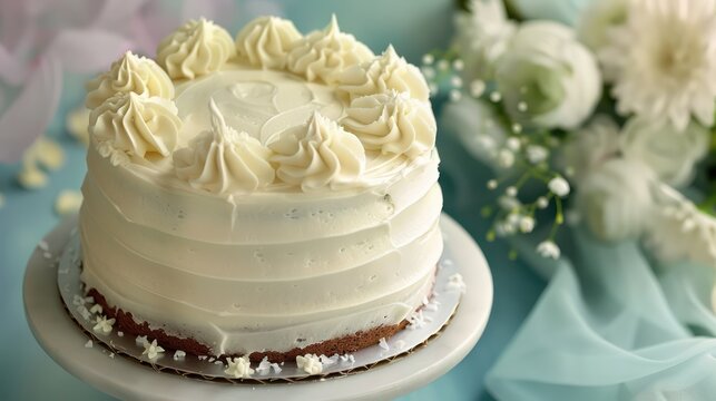classic vanilla bean cake with buttercream frosting on a pastel periwinkle background, soft and inviting for text