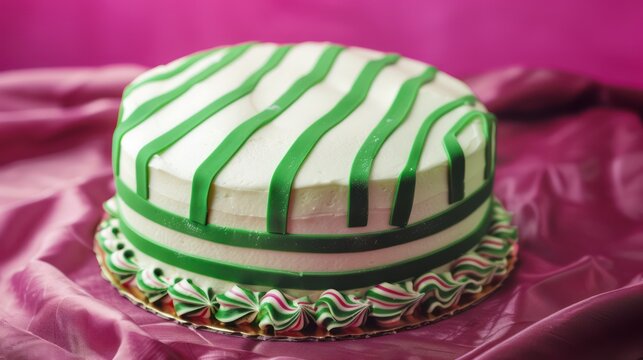 cool peppermint cake with crisp white and green stripes, set against a rich magenta backdrop
