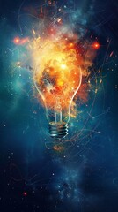Poster - Illuminated light bulb with cosmic background symbolizing bright ideas and innovation. Abstract representation of creativity and inspiration.
