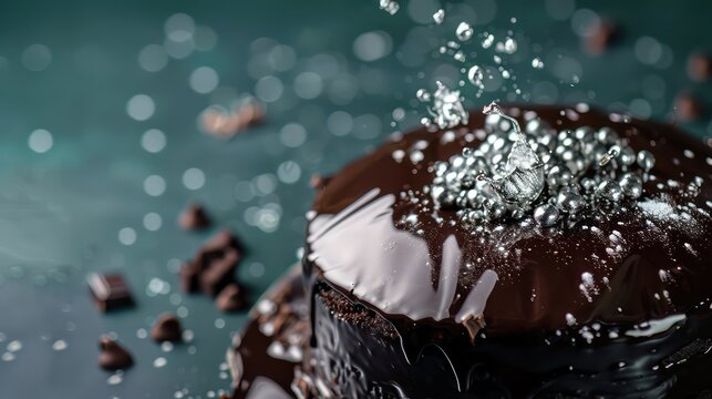 decadent dark chocolate cake with a splash of edible silver on a deep teal backdrop