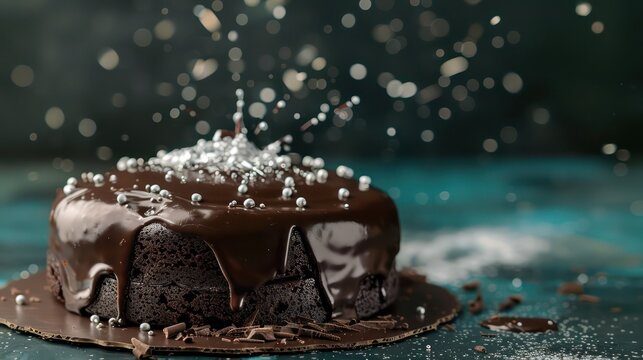 decadent dark chocolate cake with a splash of edible silver on a deep teal backdrop