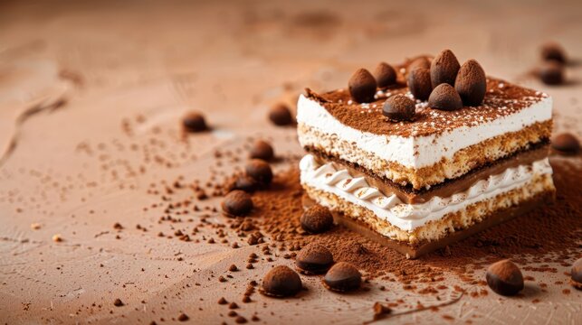 deconstructed tiramisu on a warm sepia background, abstract and modern with space for text