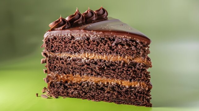 decadent triple chocolate cake on a vibrant lime green background, ideal for bold text