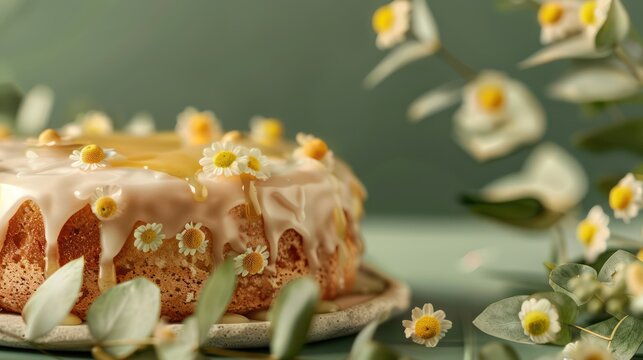 delicate chamomile cake with honey glaze, set against a soothing eucalyptus green backdrop