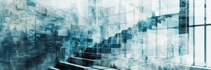 Poster - Abstract architectural background with a futuristic staircase design in blue tones. Perfect for modern construction and design concepts.