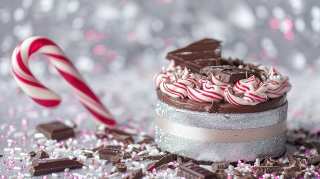 festive candy cane and chocolate cake on a bright silver backdrop, holiday-themed for cheerful text