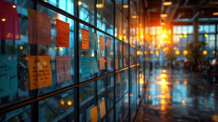 Poster - Office Window Covered with Sticky Notes. Office window covered with colorful sticky notes at sunset, showcasing a creative and dynamic work environment focused on brainstorming and planning.