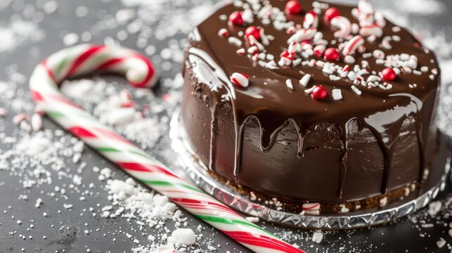 festive candy cane and chocolate cake on a bright silver backdrop, holiday-themed for cheerful text