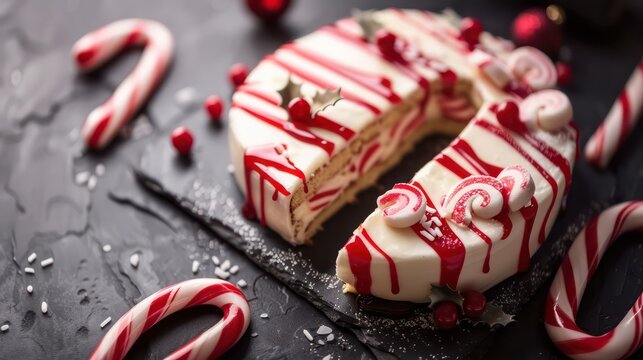 festive candy cane cake with red and white stripes, isolated on a cool slate grey background