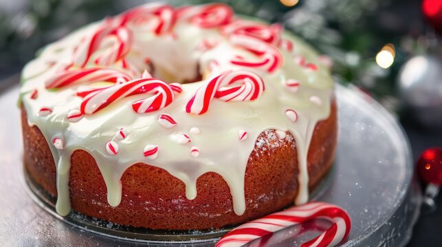 festive candy cane cake with peppermint icing on a cool silver background, holiday-ready for text