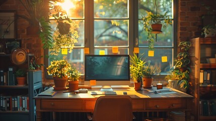 Poster - Home Office with Plants and Sticky Notes. Cozy home office with plants, a computer, and sticky notes on the window, creating a peaceful and productive work environment.