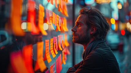 Poster - Man Contemplating Sticky Notes at Night. Man contemplating sticky notes on a glass wall at night, symbolizing thoughtful planning and idea generation in a business context.