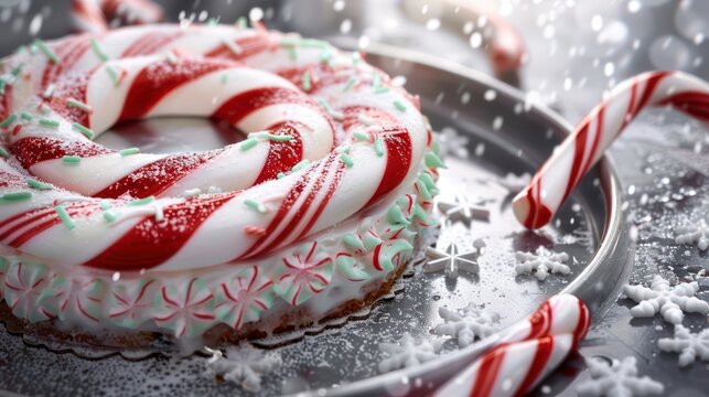 festive candy cane cake with peppermint icing on a cool silver background, holiday-ready for text