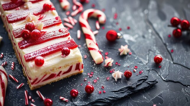 festive candy cane cake with red and white stripes, isolated on a cool slate grey background