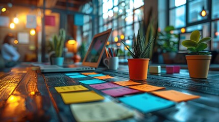 Poster - Creative Workspace with Laptop and Sticky Notes. Creative workspace with a laptop, sticky notes, and potted plants, emphasizing a vibrant and productive environment for business and marketing.