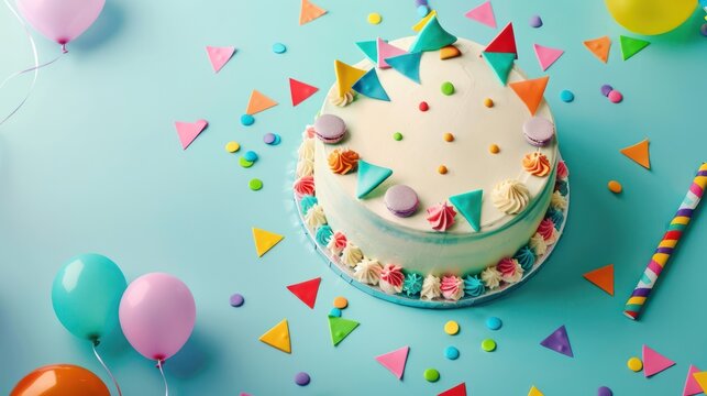 festive carnival cake adorned with colorful edible flags on a baby blue background, perfect for cheerful text