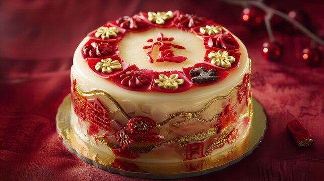 festive Chinese New Year cake with red and gold designs and edible characters on a rich red background, celebratory and perfect for festive text