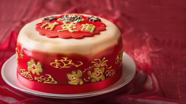 festive Chinese New Year cake with red and gold designs and edible characters on a rich red background, celebratory and perfect for festive text