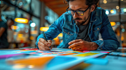 Poster - Focused Man Writing on Sticky Notes. Focused man writing on sticky notes in a busy office, emphasizing creativity and detailed planning in a business setting.