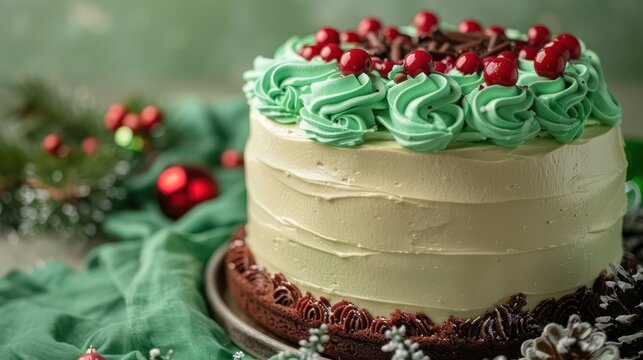 festive Christmas cake with green frosting and red berries on a green background, holiday-ready for festive text