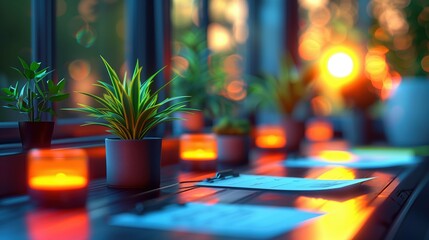 Poster - Sunlit Workspace with Plants and Documents. Workspace with potted plants and documents on a table, illuminated by a warm sunset, creating a cozy and productive environment.