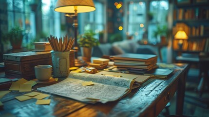 Poster - Cozy Home Office with Books and Notes. Cozy home office with a wooden desk, books, sticky notes, and warm lighting, creating an inviting and productive workspace.