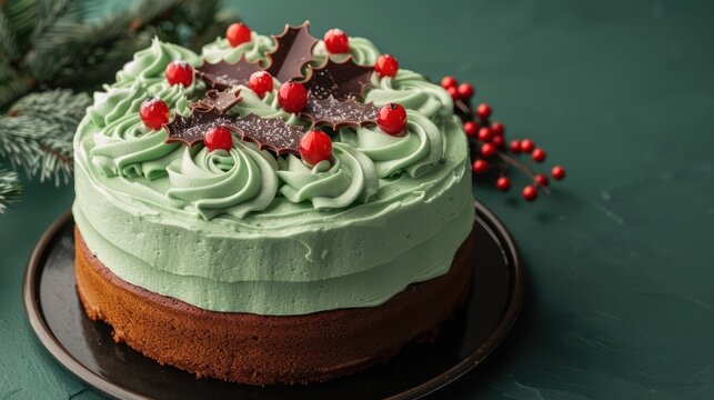 festive Christmas cake with green frosting and red berries on a dark green background, holiday-ready for festive gatherings