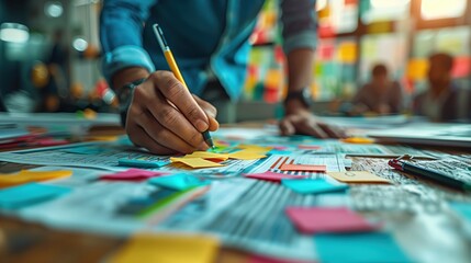 Poster - Detailed Planning with Sticky Notes and Charts. Close-up of a hand writing on sticky notes with business charts on the table, emphasizing detailed planning and organization in a business setting.