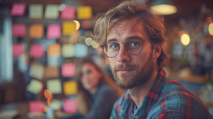 Poster - Young Professional in Creative Workspace. Young professional with glasses in a creative workspace filled with sticky notes, representing a dynamic and innovative business environment.