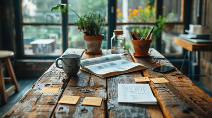 Poster - Rustic Workspace with Plants and Documents. Rustic workspace with potted plants, a coffee mug, and documents on a wooden table, creating a cozy and productive atmosphere.