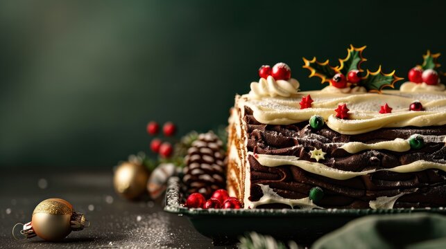 festive Christmas log cake with holly decorations on a deep forest green background, holiday-ready for festive text
