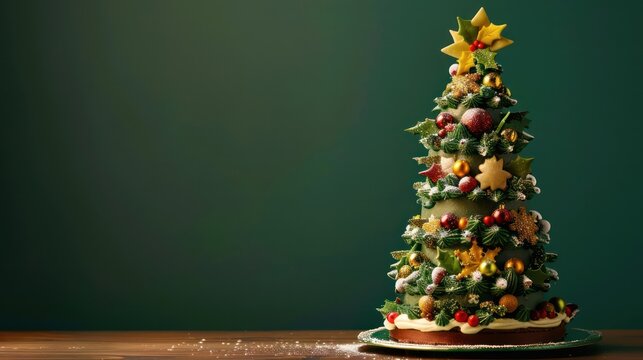 festive Christmas tree cake with edible decorations on a deep green background, holiday-themed and perfect for festive text