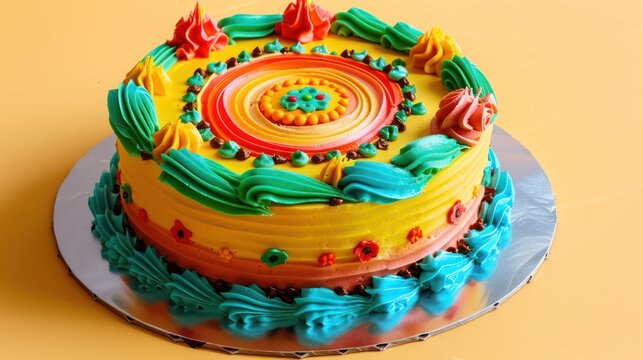festive Cinco de Mayo cake with vibrant Mexican colors on a bright yellow background, perfect for celebratory text