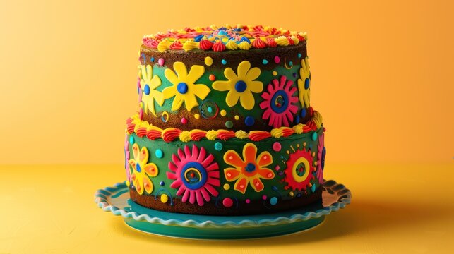 festive Cinco de Mayo cake with vibrant Mexican colors on a bright yellow background, perfect for celebratory text