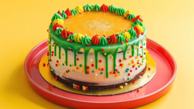 festive Cinco de Mayo cake with vibrant Mexican colors on a bright yellow background, perfect for celebratory text