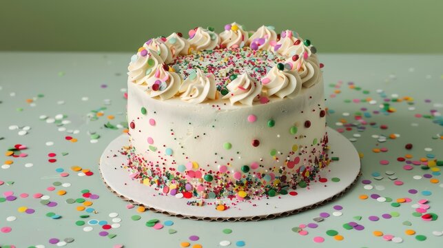 festive confetti cake on a light sage green backdrop, perfect for celebratory messages