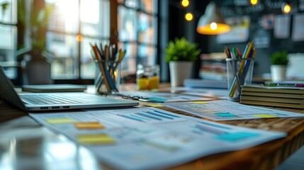 Poster - Office Desk with Reports and Sticky Notes. Well-organized office desk featuring business reports, a laptop, and colorful sticky notes, creating a productive work environment.