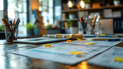 Poster - Office Workspace with Documents and Sticky Notes. Detailed office workspace with documents, a laptop, and sticky notes, emphasizing planning and business strategy.