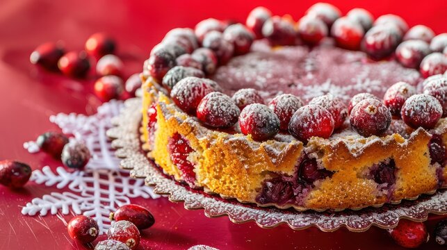 festive cranberry and orange cake with sugared cranberries on a bright red background, holiday-ready for cheerful text