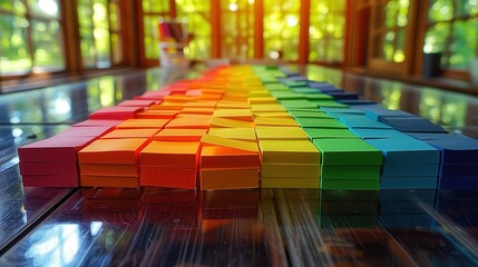 Poster - Colorful Stacked Sticky Notes in Office. An array of colorful sticky notes stacked in a rainbow pattern on an office desk, adding vibrancy to the workspace.