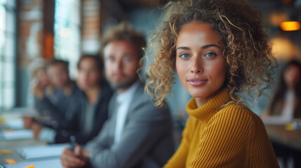 Poster - Young Woman in Business Meeting. Young woman with curly hair attending a business meeting, sitting among colleagues in a modern office setting.