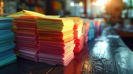 Poster - Stacks of Colorful Sticky Notes. Stacks of colorful sticky notes arranged on a table in an office, highlighting a vibrant and organized workspace.