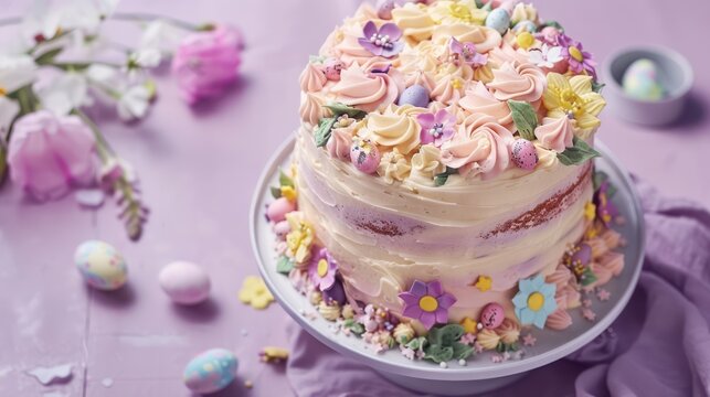 festive Easter cake with pastel frosting and edible flowers on a light purple background, inviting and perfect for spring celebrations