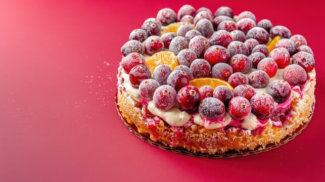festive cranberry and orange cake with sugared cranberries on a bright red background, holiday-ready for cheerful text