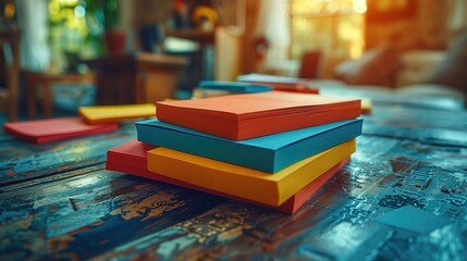 Poster - Colorful Sticky Notes on Table. Collection of colorful sticky notes spread out on a table in an office, perfect for brainstorming and planning sessions.