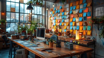 Poster - Creative Office with Sticky Note Wall. Creative office space with a wall covered in colorful sticky notes, showcasing brainstorming and idea organization.