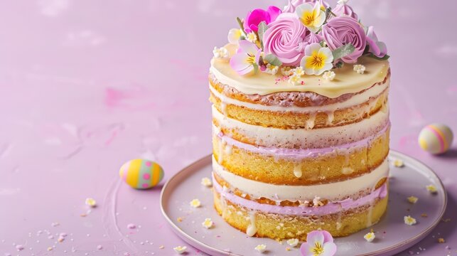 festive Easter cake with pastel layers and edible flowers on a light purple background, inviting and perfect for spring text